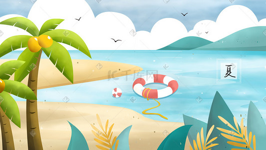 海岸边插画图片_沙滩上的椰子树和漂浮在海面上的游泳圈