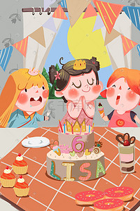 卡通蜡烛蛋糕插画图片_生日快乐过生日男孩女孩生日派对卡通插画