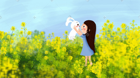 春天油菜花田里的女孩和兔子手绘插画