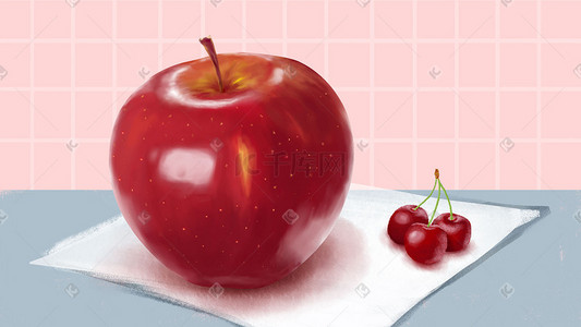 妹妹吃苹果插画图片_水果插画苹果樱桃