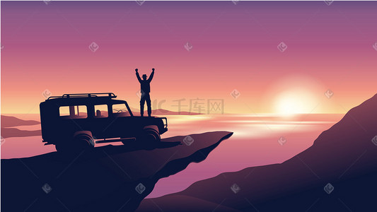 人物海边插画图片_人物汽车旅行海边风景插画