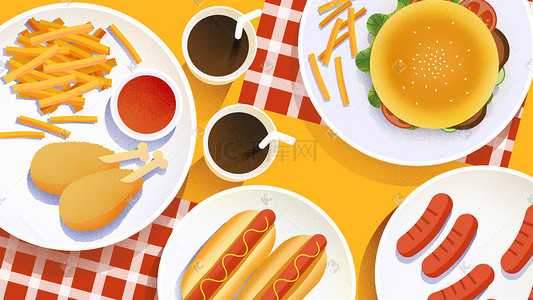 双层鸡排汉堡插画图片_美食插画美式快餐banner背景