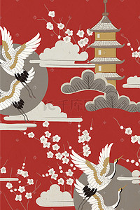 新中式家具海报插画图片_中式风格中国风大雁塔仙鹤图