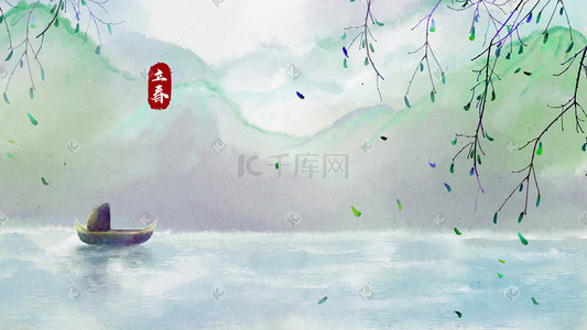 乌篷船插画图片_传统二十四节气立春青山绿水抽芽树枝小船水