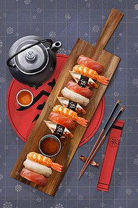 日本美食插画图片_日本美食寿司与茶