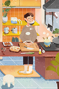 低头做饭插画图片_寒假假期生活方式男孩做饭美食卡通插画