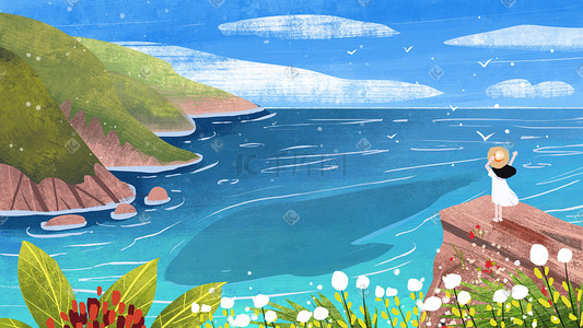 海边悬崖插画图片_女孩夏日海边山崖看见一条鲸鱼