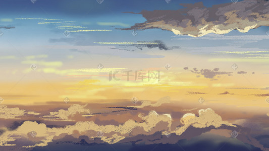 天空夕阳天空插画图片_秋季天空夕阳云层手绘风清新插画