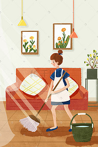 木质地板插画图片_劳动节在家拖地板小清新
