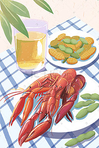 美味的小龙虾插画图片_中华美食小龙虾毛豆花生海报背景