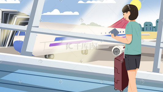 旅行男孩插画图片_4月你好旅游旅行机场飞机男孩卡通插画