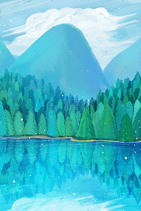 蓝色系插画图片_24节气蓝色系森林湖泊风景