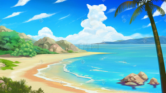绿岛红梅风景插画图片_海边风景海岸椰子树