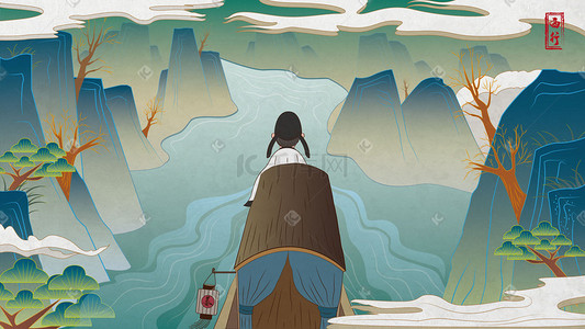 水下水上插画图片_古风中国风水上行船诗人背景图