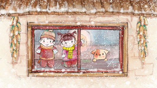 下雪屋檐插画图片_手绘冬天小孩赏雪场景