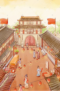 古代公正插画图片_新年春节中国风古风水彩古代城市集市建筑