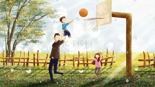 运动裤吧插画图片_秋天草地篮球运动父子家庭游戏
