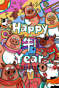 happy牛year插画图片_新年春节2021牛年插画