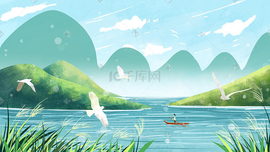 介绍旅游景点插画图片_山水风景夏日景色小清新