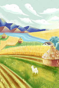 芒种收麦子的场景手绘插画