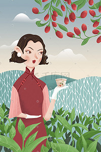 38妇女节复古民国美女玫瑰清新自然插画