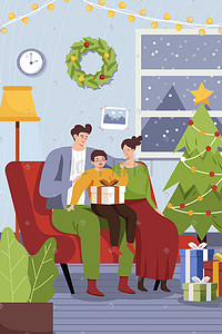 圣诞快乐插画图片_圣诞节圣诞快乐家庭团聚扁平手机页面配图圣诞
