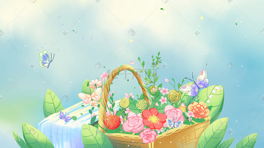 春季绿叶插画图片_暖色调唯美卡通春季春天花篮花卉配图