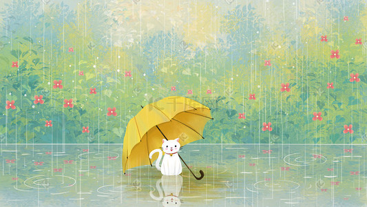 小清新治愈系插画图片_雨水节气之雨伞与猫治愈系场景