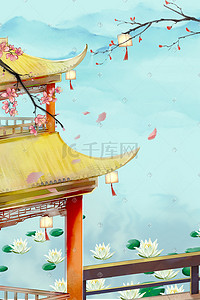 花卉中国风花卉插画图片_中国风建筑望月亭古风山水场景夏季风景