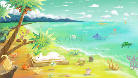 海滩夏日插画图片_夏日清爽小海怪海滩绿色系配图