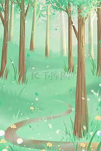 阳光绿色插画图片_绿色唯美卡通小清新春季夏季深林风景配图