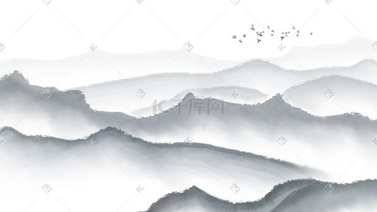 中国元素风插画图片_水墨风山水画意境风景小鸟山水中国画