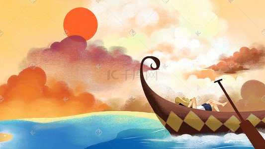 卡通手绘天空云夕阳太阳大海船背景