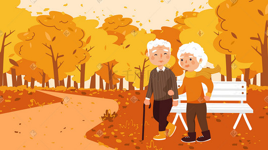 散步插画图片_立秋老年人秋分踏秋出游公园散步横幅配图