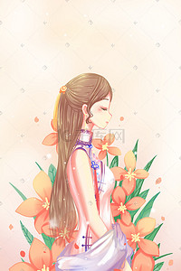 漂亮花圈插画图片_粉色唯美卡通春季花卉美丽旗袍少女配图