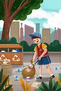 人垃圾简笔画插画图片_保护环境垃圾分类捡垃圾社会公益世界环境日