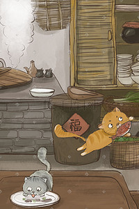 猫吃插画图片_古风主题之古代厨房偷吃鱼的猫场景