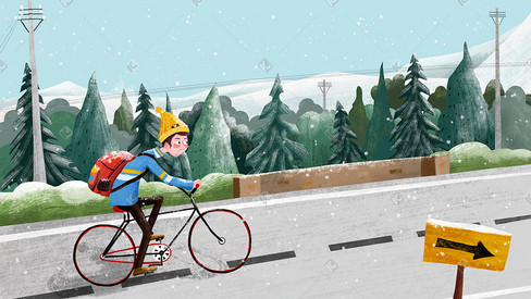冬天小雪在公路上骑车的少年