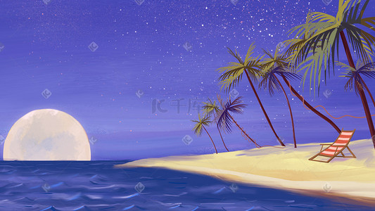 夜景景插画图片_夏日里海边沙滩夜景