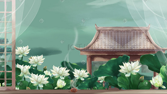 夏日夏日清凉插画图片_夏日凉亭山水荷花古风建筑夏季风景