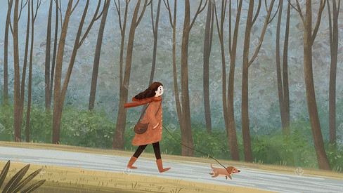 立冬节气女孩子带着宠物出门散步场景