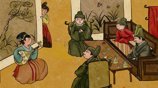 厕所手绘图插画图片_中国风古装人物传统手绘图