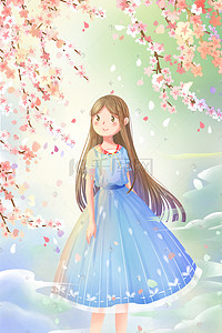 蓝色唯美卡通春季春天4月桃花樱花节配图