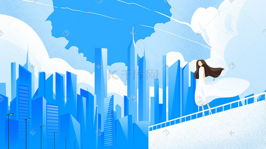 城市背景插画图片_蓝色扁平矢量城市夏天的天空蓝天云插画背景