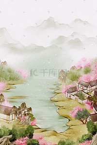 创意生活设计海报插画图片_中国风水墨山水画古代生活建筑