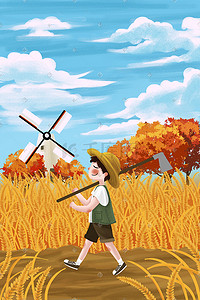 小麦线稿插画图片_芒种丰收黄色小麦收获男孩种地节气