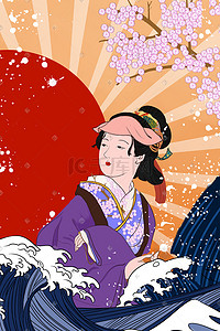 一个女人背坐着的插画图片_国潮日系浮世绘女人樱花海水手绘