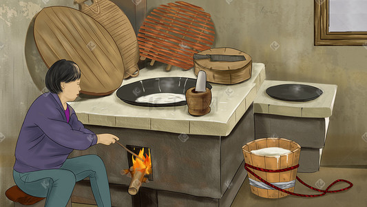 男人做饭插画图片_90年代烧柴锅妈妈做饭