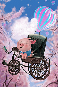 猪猪插画图片_猪猪漫游樱花花海
