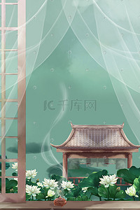 荷花插画图片_夏日凉亭山水荷花古风建筑夏季风景